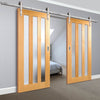 Double Sliding Door & Track - Utah 3 Pane Oak Doors - Frosted Glass - Prefinished