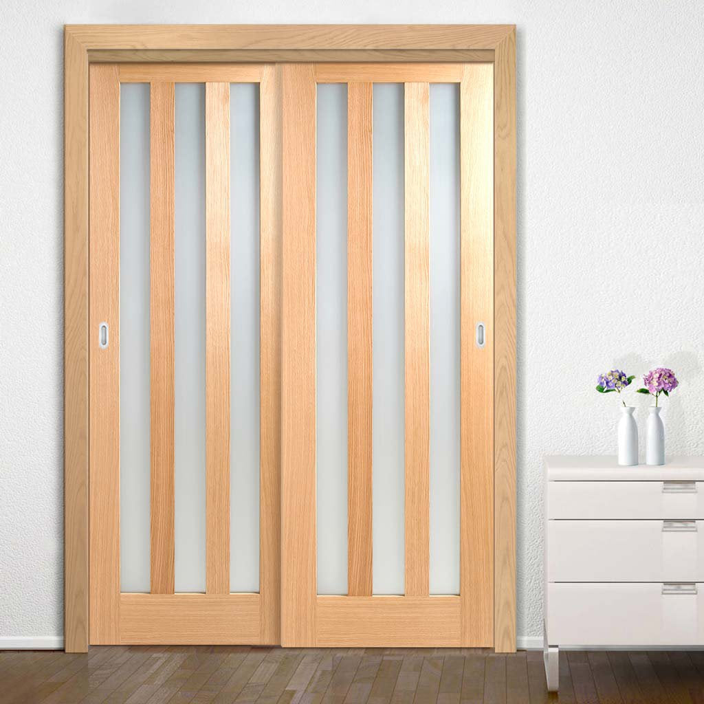 Two Sliding Doors and Frame Kit - Utah 3 Pane Oak Door - Frosted Glass - Prefinished