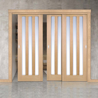 Image: Three Sliding Doors and Frame Kit - Utah 3 Pane Oak Door - Frosted Glass - Prefinished