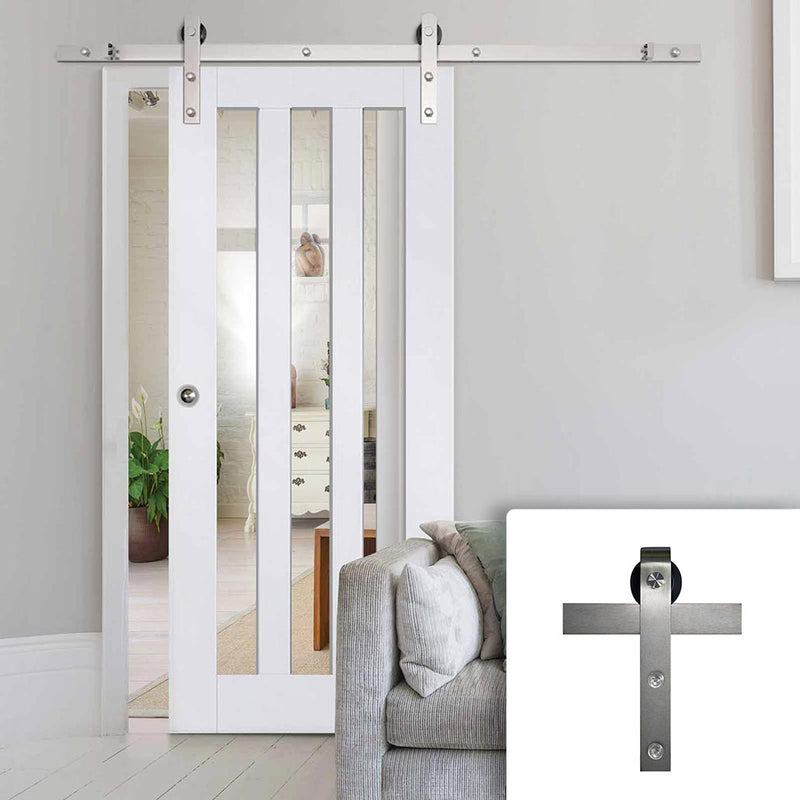 Single Sliding Door & Stainless Steel Barn Track - Utah 3 Pane Door - Clear Glass - White Primed