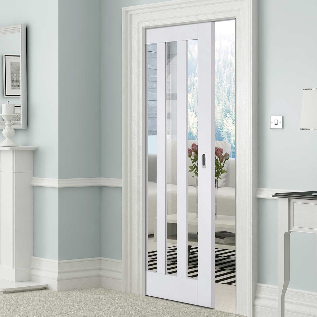 Utah Single Evokit Pocket Door - Clear Glass - White Primed