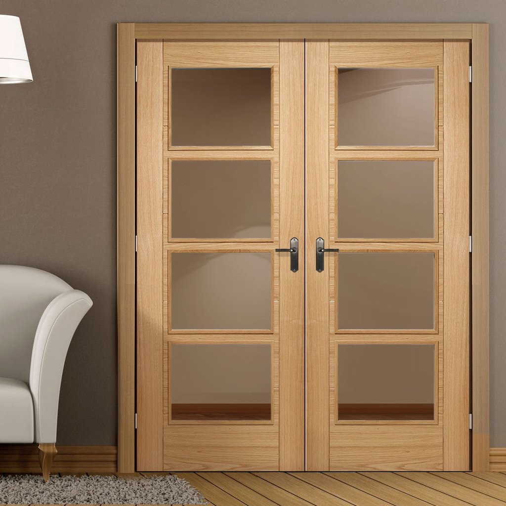 LPD Joinery Bespoke Fire Door Pair, Vancouver Oak 4L Pair - 1/2 Hour Fire Rated - Clear Glass - Prefinished