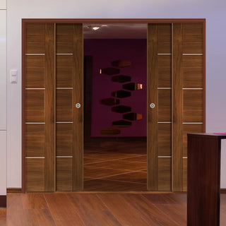 Image: Valencia Walnut Staffetta Quad Telescopic Pocket Doors - Prefinished