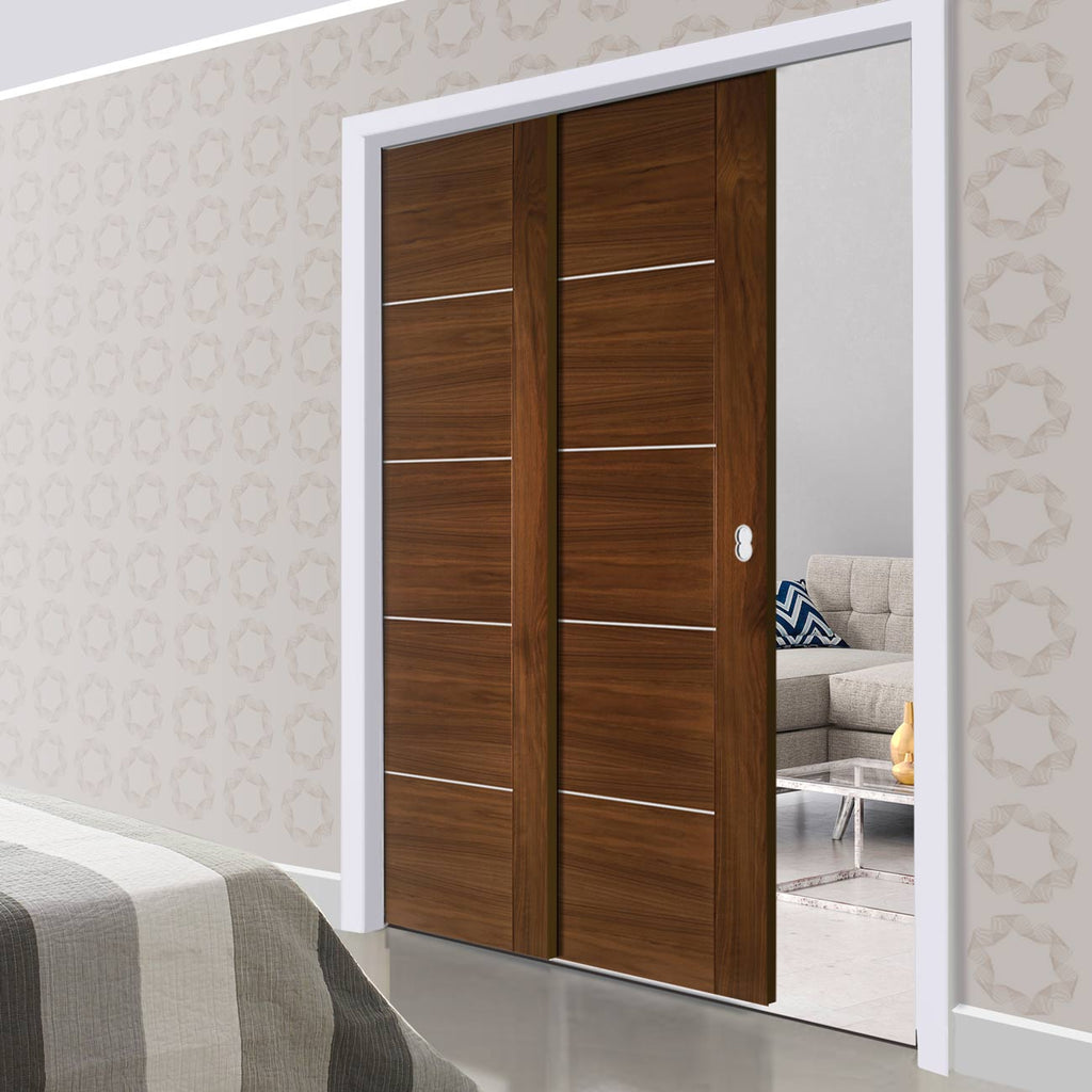 Valencia Walnut Staffetta Twin Telescopic Pocket Doors - Prefinished