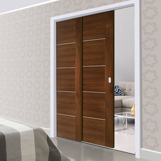 Image: Valencia Walnut Staffetta Twin Telescopic Pocket Doors - Prefinished