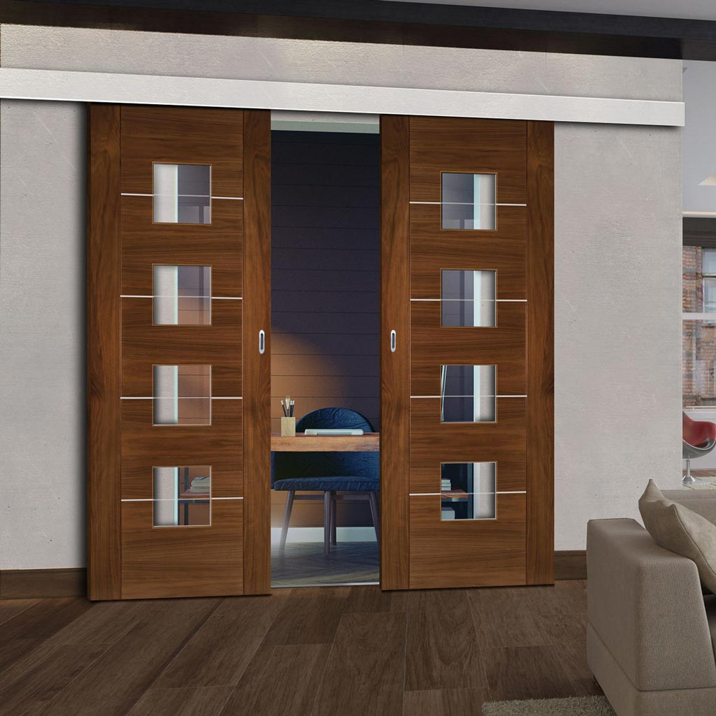 Double Sliding Door & Wall Track - Valencia Glazed Walnut Door - Prefinished