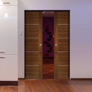 Image: Valencia Walnut Absolute Evokit Double Pocket Doors - Prefinished