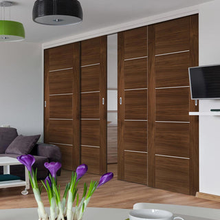 Image: Pass-Easi Four Sliding Doors and Frame Kit - Valencia Prefinished Walnut Door