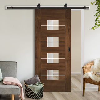 Image: Top Mounted Black Sliding Track & Door - Valencia Glazed Walnut Door - Prefinished