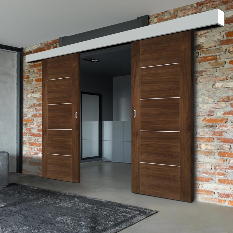 Double Sliding Door & Wall Track - Valencia Prefinished Walnut Door