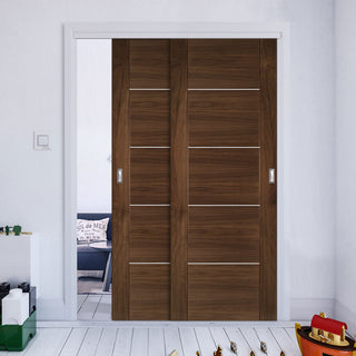 Image: Pass-Easi Two Sliding Doors and Frame Kit - Valencia Prefinished Walnut Door