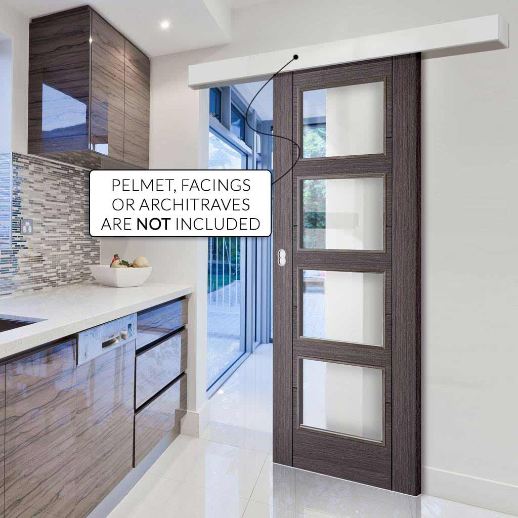 Single Sliding Door & Wall Track - Vancouver 4 Pane Ash Grey Door - Clear Glass - Prefinished