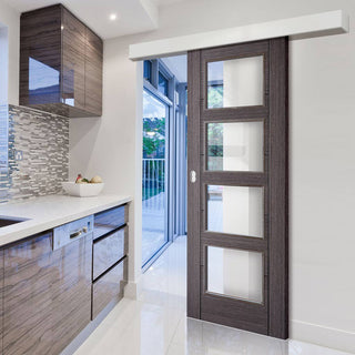 Image: Single Sliding Door & Wall Track - Vancouver 4 Pane Ash Grey Door - Clear Glass - Prefinished