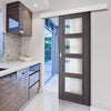 Single Sliding Door & Wall Track - Vancouver 4 Pane Ash Grey Door - Clear Glass - Prefinished