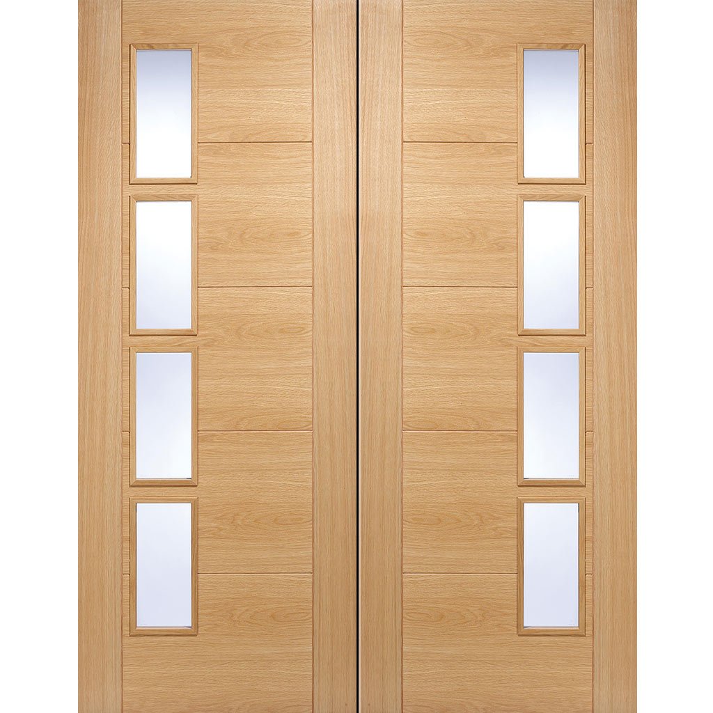 Vancouver Oak 4 Pane Door Pair - Clear Glass Offset - Prefinished