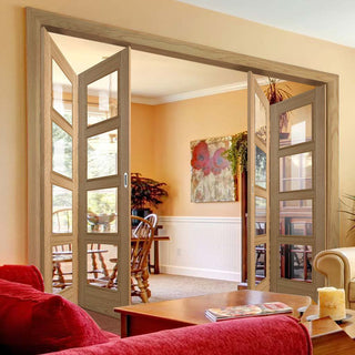 Image: Four Folding Doors & Frame Kit - Vancouver 4 Pane Oak 2+2 - Clear Glass - Prefinished