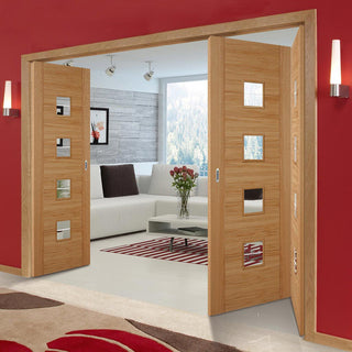 Image: Three Folding Doors & Frame Kit - Vancouver 4 Pane Oak 2+1 Diamond Lined Clear Glass - Prefinished