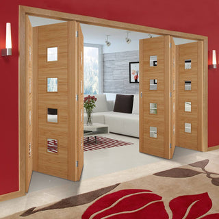Image: Six Folding Doors & Frame Kit - Vancouver 4LS Oak 3+3 Diamond Lined Clear Glass - Prefinished