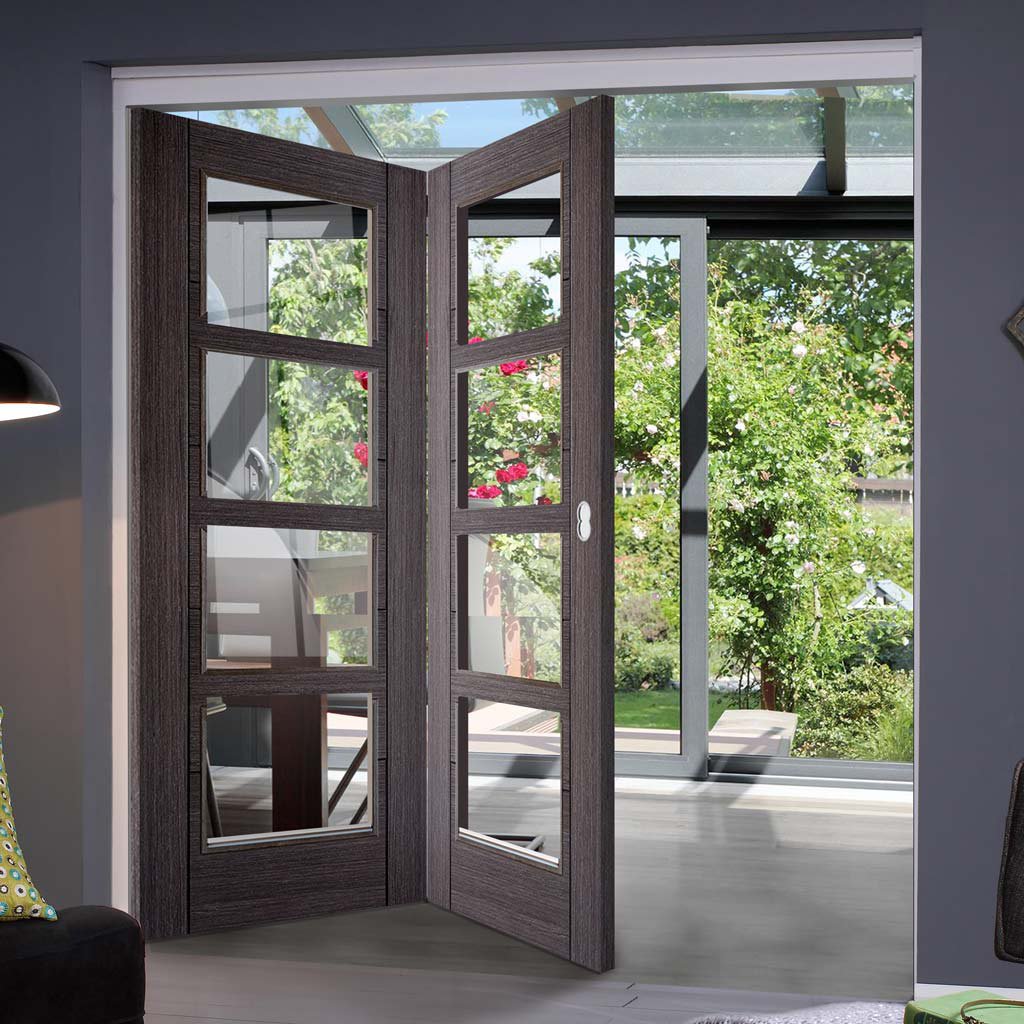 Two Folding Doors & Frame Kit - Vancouver 4 Pane Ash Grey 2+0 - Clear Glass - Prefinished