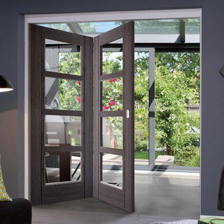 Image: Two Folding Doors & Frame Kit - Vancouver 4 Pane Ash Grey 2+0 - Clear Glass - Prefinished