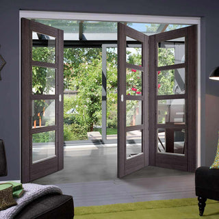 Image: Three Folding Doors & Frame Kit - Vancouver 4 Pane Ash Grey 2+1 - Clear Glass - Prefinished