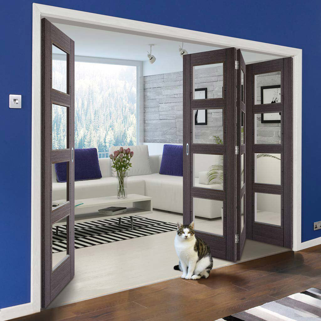 Four Folding Doors & Frame Kit - Vancouver 4 Pane Ash Grey 3+1 - Clear Glass - Prefinished
