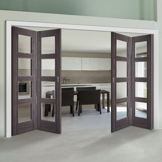 Image: Four Folding Doors & Frame Kit - Vancouver 4 Pane Ash Grey 2+2 - Clear Glass - Prefinished