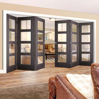 Image: Six Folding Doors & Frame Kit - Vancouver 4 Pane Ash Grey 3+3 - Clear Glass - Prefinished