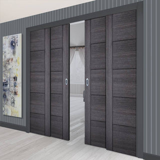 Image: Vancouver Ash Grey Staffetta Quad Telescopic Pocket Doors - Prefinished