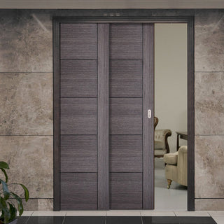 Image: Vancouver Ash Grey Staffetta Twin Telescopic Pocket Doors - Prefinished