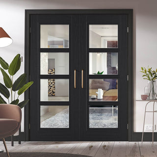 Image: Vancouver Charcoal Black 4L Door Pair - Raised Mouldings - Clear Glass - Prefinished