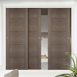 Image: Three Sliding Doors and Frame Kit - Vancouver Flush Chocolate Grey Door - Prefinished