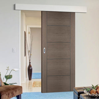 Image: Single Sliding Door & Wall Track - Vancouver Flush Chocolate Grey Door - Prefinished