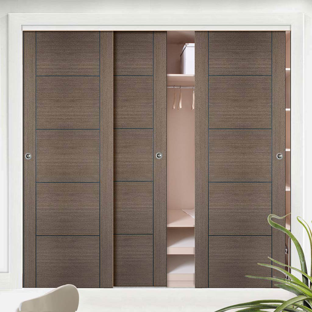 Three Sliding Wardrobe Doors & Frame Kit - Vancouver Flush Chocolate Grey Door - Prefinished