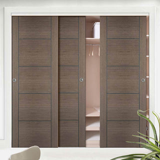 Image: Three Sliding Wardrobe Doors & Frame Kit - Vancouver Flush Chocolate Grey Door - Prefinished