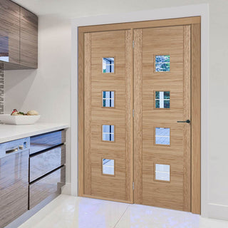 Image: ThruEasi Room Divider - Vancouver 4 Pane Oak Diamond Lined Clear Glass Prefinished Door with Single Side