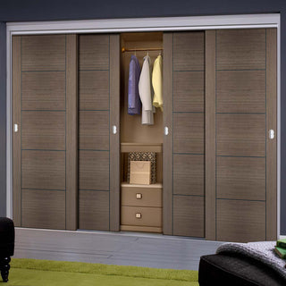 Image: Four Sliding Wardrobe Doors & Frame Kit - Vancouver Flush Chocolate Grey Door - Prefinished