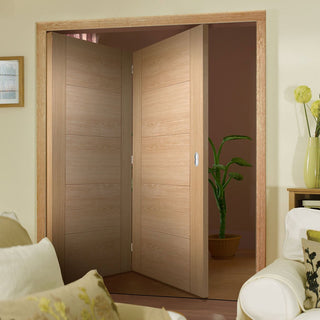 Image: Two Folding Doors & Frame Kit - Vancouver 5 Panel Effect Flush Oak 2+0 - Prefinished