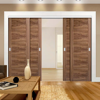 Image: Four Sliding Doors and Frame Kit - Vancouver 5 Pane Flush Walnut Door - Prefinished