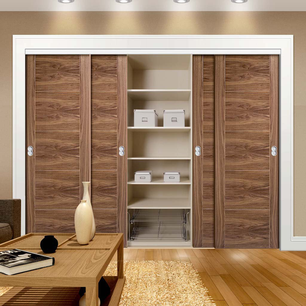 Bespoke Vancouver Walnut 5P Flush Door - 4 Door Wardrobe and Frame Kit - Prefinished