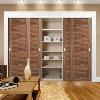 Image: Four Sliding Wardrobe Doors & Frame Kit - Vancouver 5 Panel Flush Walnut Door - Prefinished