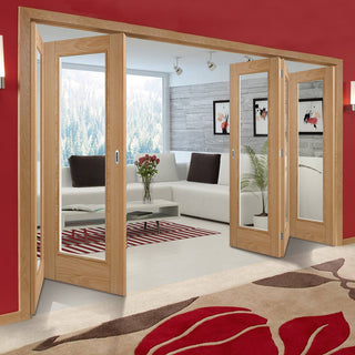 Image: Five Folding Doors & Frame Kit - Vancouver 1 Pane Oak 3+2 - Clear Glass - Prefinished