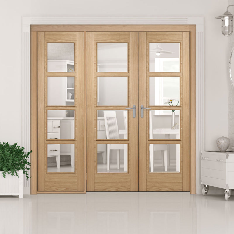 Room Divider - Vancouver 4 Pane Oak Clear Glass Prefinished Double Doors with Single Side