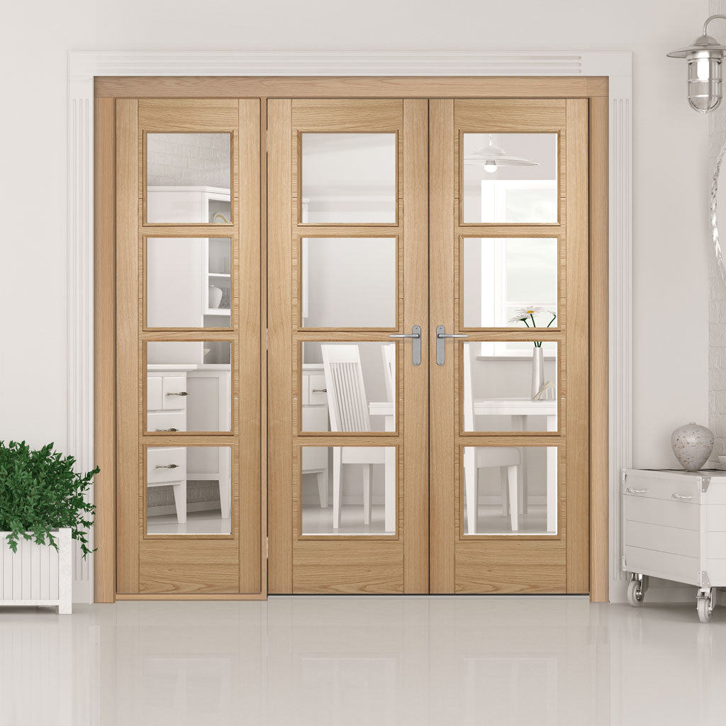 ThruEasi Room Divider - Vancouver 4 Pane Oak Clear Glass Prefinished Double Doors with Single Side