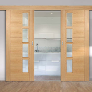 Image: Double Sliding Door & Wall Track - Vancouver 4 Pane Oak Doors - Clear Glazed Offset - Prefinished