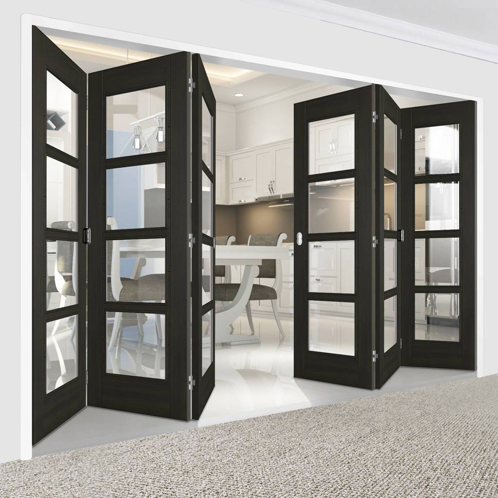 Six Folding Doors & Frame Kit - Vancouver Smoked Oak Internal Doors - Clear Glass - Prefinished