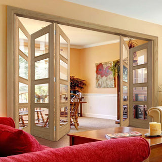 Image: Five Folding Doors & Frame Kit - Vancouver 4 Pane Oak 3+2 - Clear Glass - Prefinished