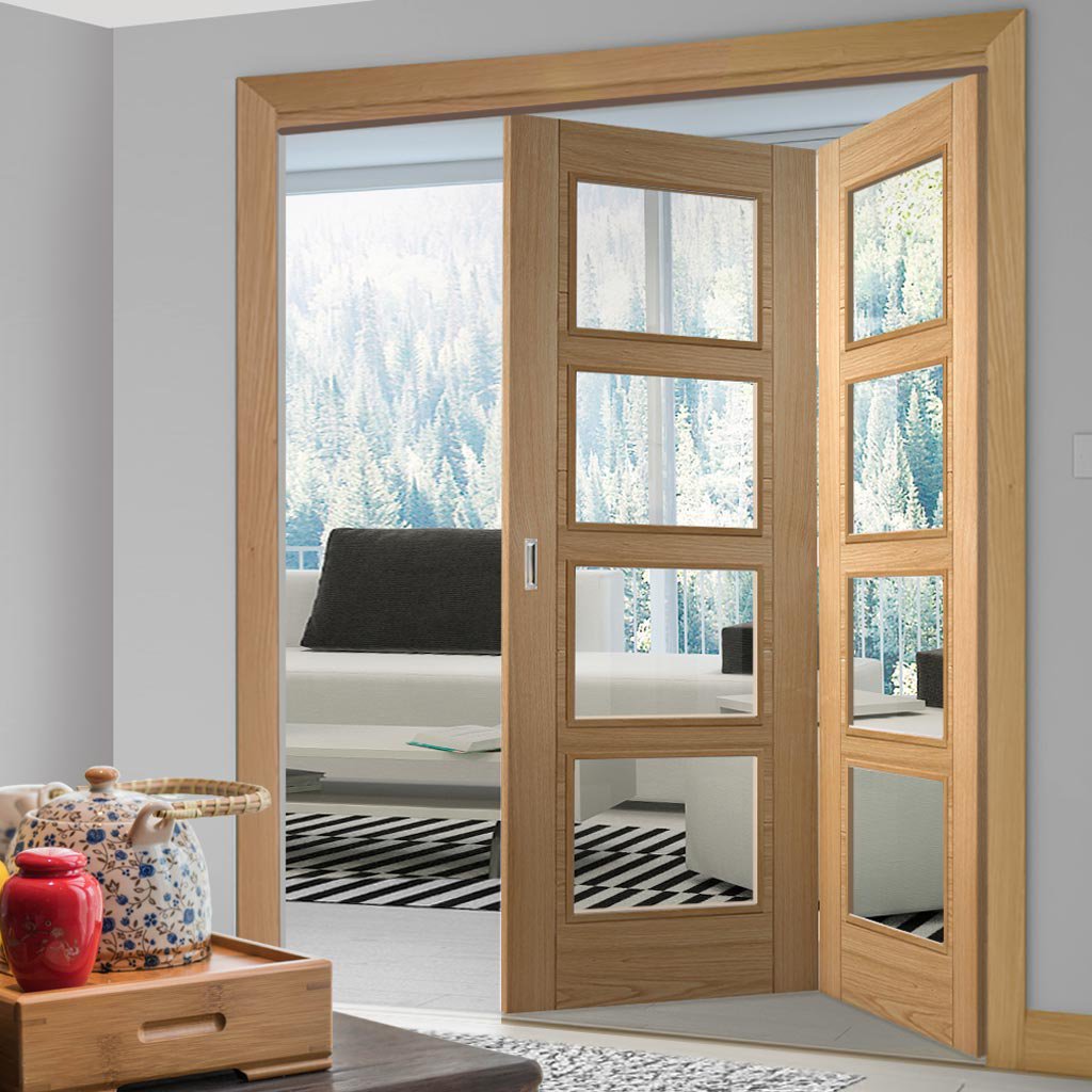 Two Folding Doors & Frame Kit - Vancouver 4 Pane Oak 2+0 - Clear Glass - Prefinished