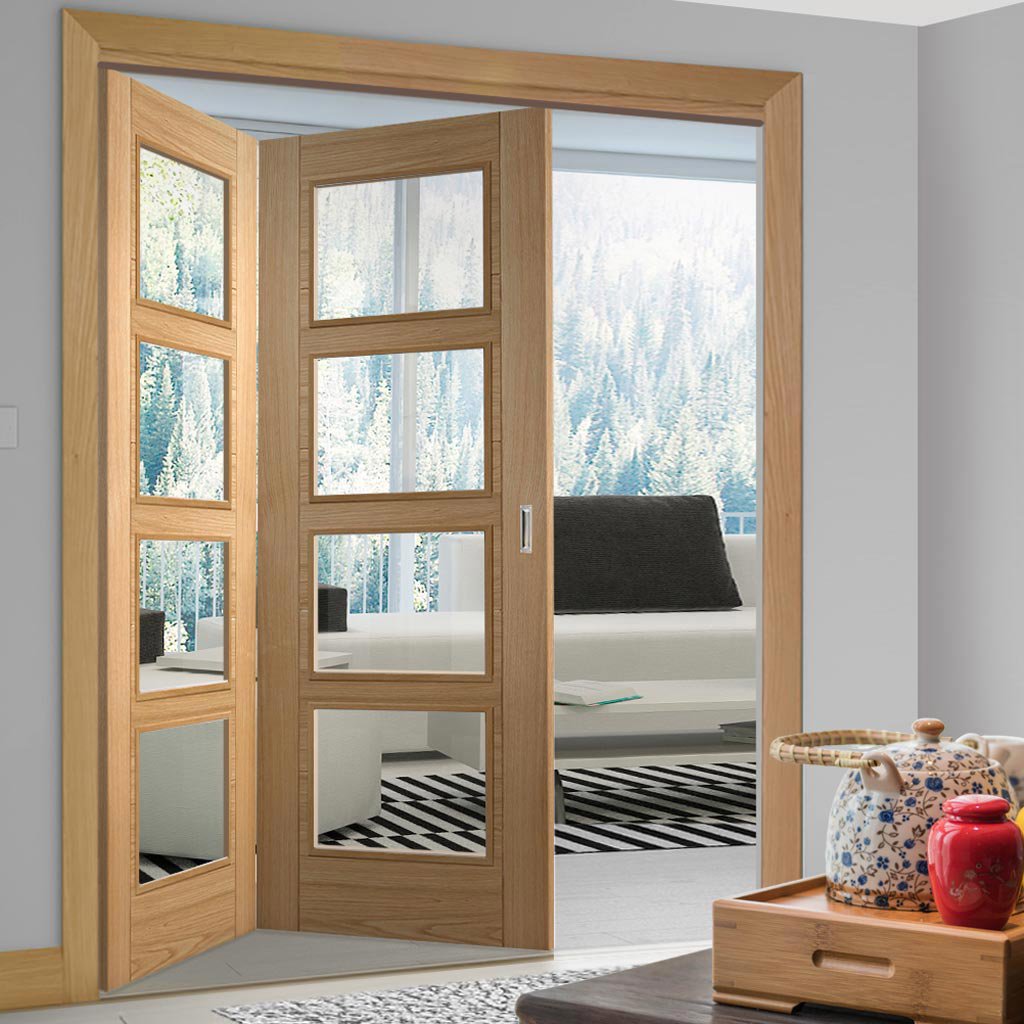 Two Folding Doors & Frame Kit - Vancouver 4 Pane Oak 2+0 - Clear Glass - Prefinished