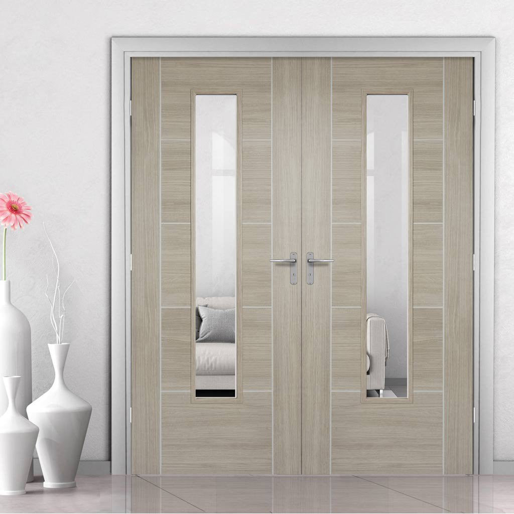 Laminate Vancouver Light Grey Door Pair - Clear Glass - Prefinished